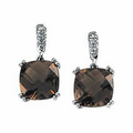 14K White Gold 10mm Genuine Checkerboard Smoky Quartz and .04 CTW Diamond Earrings